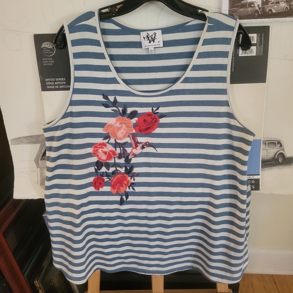 Striped Floral Embroidered Tank Top By Anthropologie